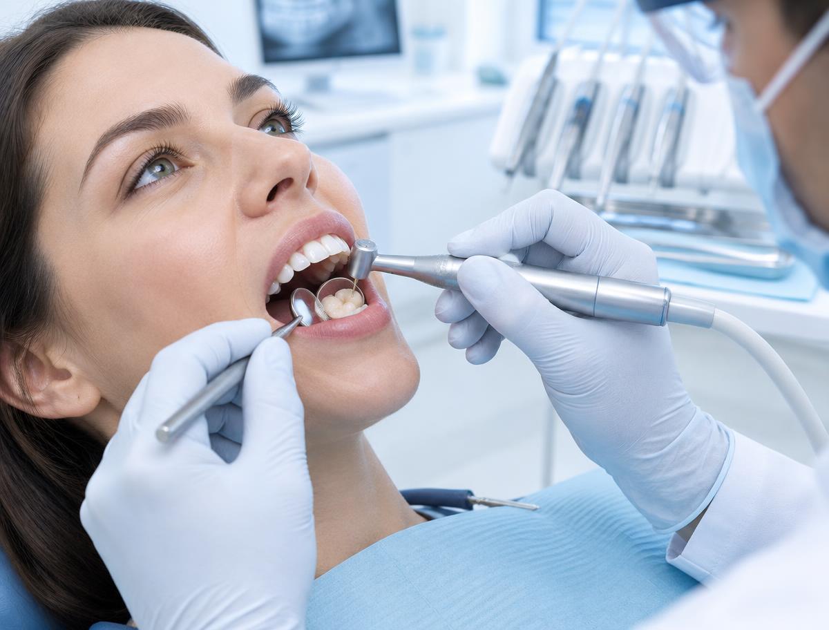 Dentist examining a tooth-coloured dental restoration